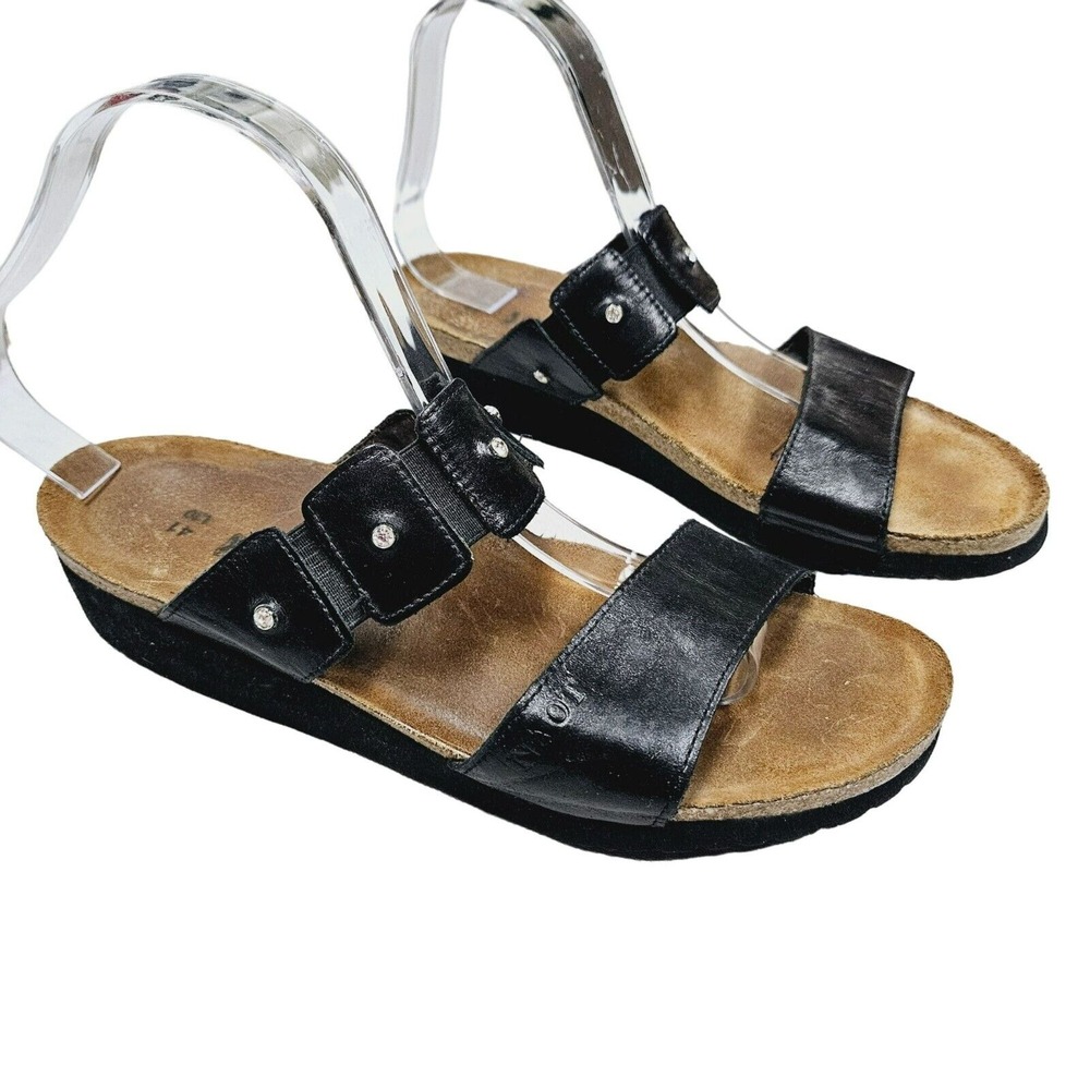 Naot Women's Leather Sandals Size 41 EU Black‎ Elastic Straps Rhinestones cork